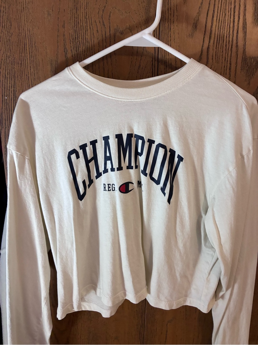 Champion Cream Crewneck with Navy Logo